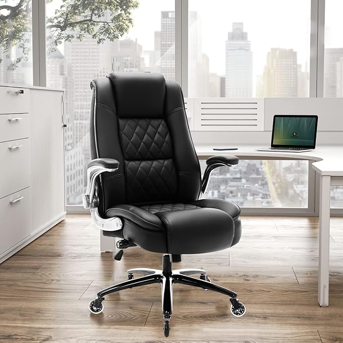 High Back Office Chair- Flip Arms Adjustable Built-in Lumbar Support, Executive Computer Desk Chair Work Chairs, Thick Padded Strong Metal Base Quiet Wheels, Ergonomic Design for Back Pain-DeskLoop Office