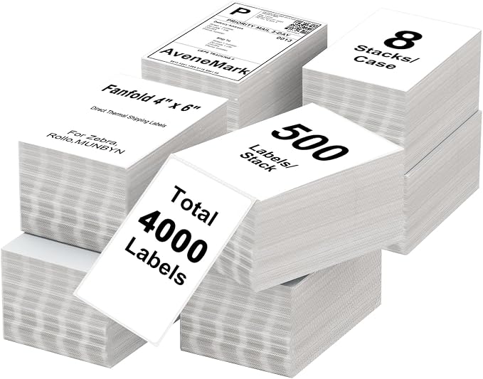 AveneMark 8 Stacks 4000 Labels 4" x 6" Fanfold Direct Thermal Labels, Postage by AveneMark