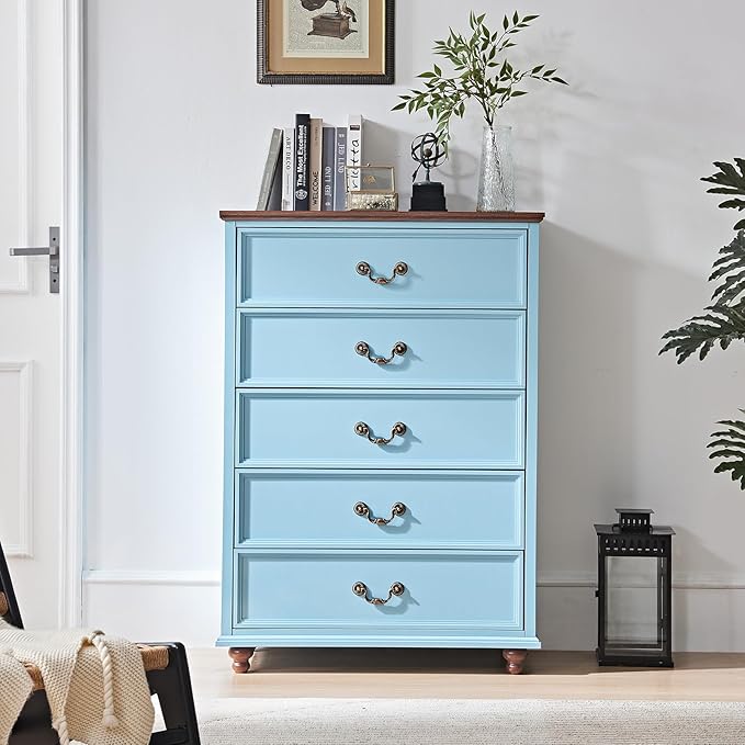 Farmhouse 5 Drawer Dresser for Bedroom, 45" Tall Rustic Chests of Drawers w/ 4 Solid Wood Feet, Mid Century Modern Wooden Closet Storage Dressers Organizer for Living Room, Hallway, Light Blue-DeskLoop Office