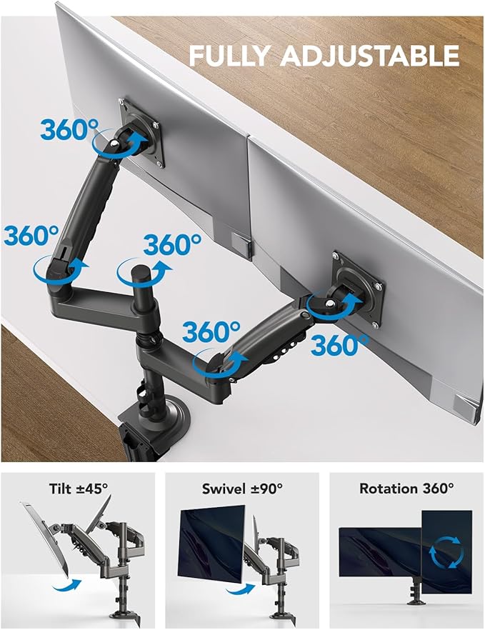 HUANUO 17-32 Inch Dual Monitor Stand, Gas Spring Dual Monitor Mount, Monitor Stand 2 Monitors, Ergonomic Adjustable Tilt/Swivel/Rotate, Weight Max 19.8 lbs, VESA 75/100mm-DeskLoop Office