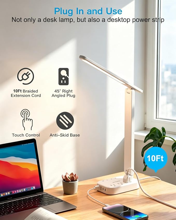 One Beat Small LED Desk Lamp Power Strip 10ft Extension Cord, 3 Outlets 4 USB - Image 5