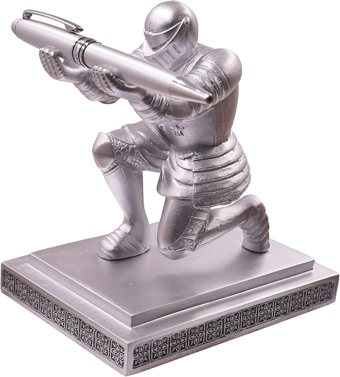 Executive Knight Pen Holder with A Cool Pen, Home Office Desk Organizers Decor Resin Pen Holder, Christmas Gift Idea for Dad, Uncle, Man, Boyfriend, Friends Silver-DeskLoop Office