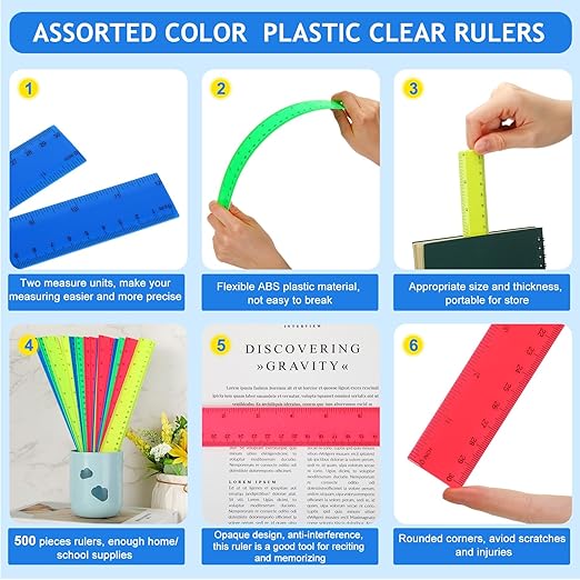 Zonon 500 Pcs 12 Inch Plastic Ruler Assorted Colors Rulers with Centimeters Millimeter and Inches Shatterproof Straightedge Bulk for Classroom School Home Office Kids