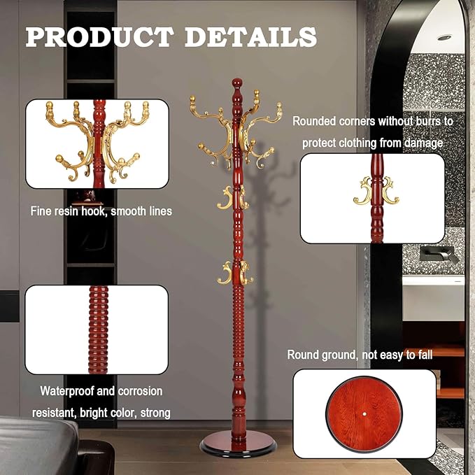 Coat Racks Free Standing with 14 Hooks, Natural Wood Coat Rack with Solid Round Base, Adjustable Height Coat Racks, Easy Assembly for Hallway, Bedroom and Office (Begonia color)-DeskLoop Office