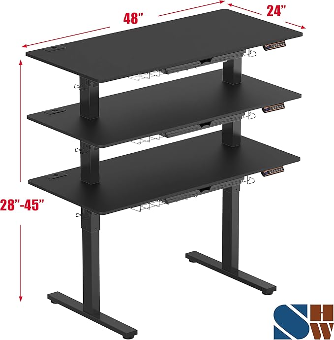 SHW 48-Inch Electric Height Adjustable Standing Desk with Drawer, Memory Preset and Cable Management Tray, Black-DeskLoop Office