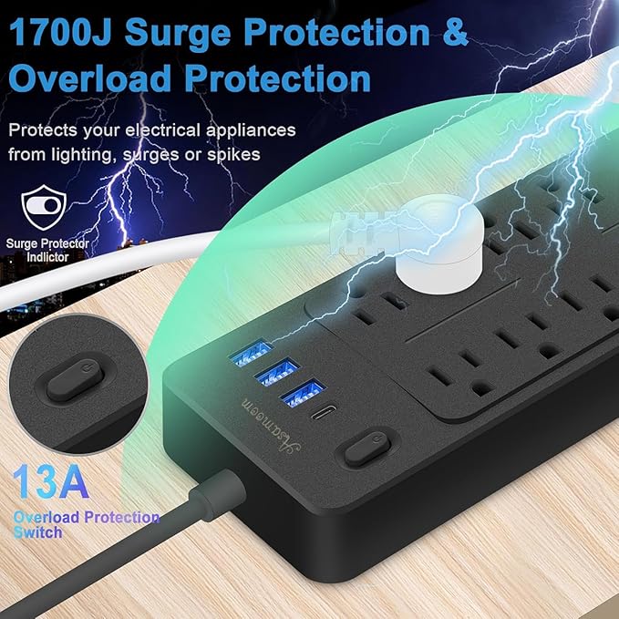 25 FT Power Strips with Surge Protection 1625W/13A,10 Outlets with 4 USB Ports (1 USB C) Long Extension Cord with Multiple Outlets 14-in-1 1700J 16Awg Flat Plug Power Strip Protector Black ETL Listed-DeskLoop Office