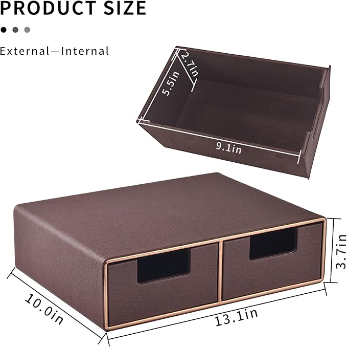 Linen Leather Desk Organizer and monitor stand with Drawers－Mini Desktop Drawer Organizer Stackable－Tabletop Organization Storage Box for Office Supplies Home Vanity Toiletries (Brown, 2-drawers)-DeskLoop Office
