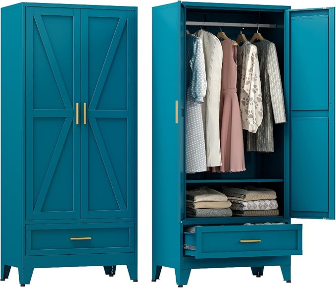 Farmhouse Wardrobe Cabinet with 2 Drawers,Metal Wardrobe Closet with Hanging Rod,Metal Armoire with Adjustable Shelves for Bedroom,Living Room, Cloak Room,Office (Blue)-DeskLoop Office