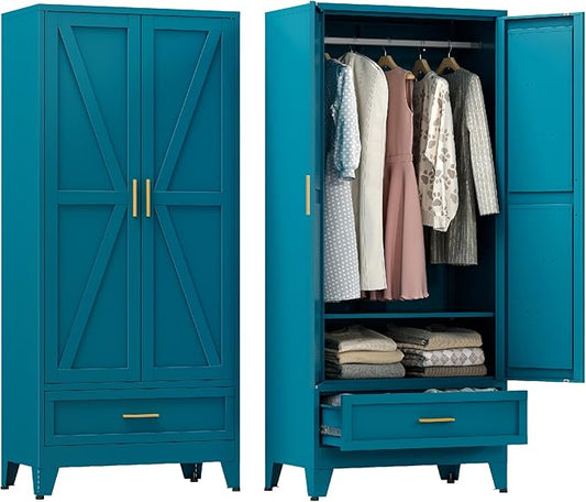 Farmhouse Wardrobe Cabinet with 2 Drawers,Metal Wardrobe Closet with Hanging Rod,Metal Armoire with Adjustable Shelves for Bedroom,Living Room, Cloak Room,Office (Blue)-DeskLoop Office