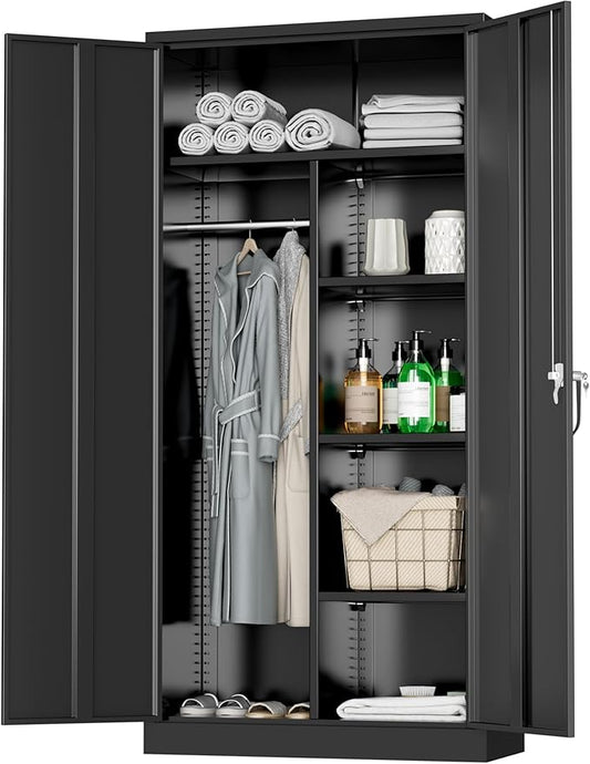 Greenvelly Metal Wardrobe Cabinet with Locking Doors, 72"H Black Metal Wardrobe Closet with Hanging Rods and Adjustable Shelves, Clothing Storage Closet for Home, Office, Employee, Gym (18" D x 36” W)-DeskLoop Office