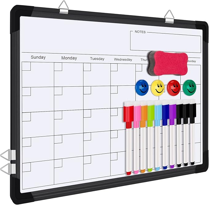 Polegas Dry Erase Whiteboard Calendar, Magnetic White Board Dry Erase Calendar, 16" X 12" Monthly Calendar Whiteboard for Wall, Small Double Side Board to Do List for Home, School, Office (Black)-DeskLoop Office
