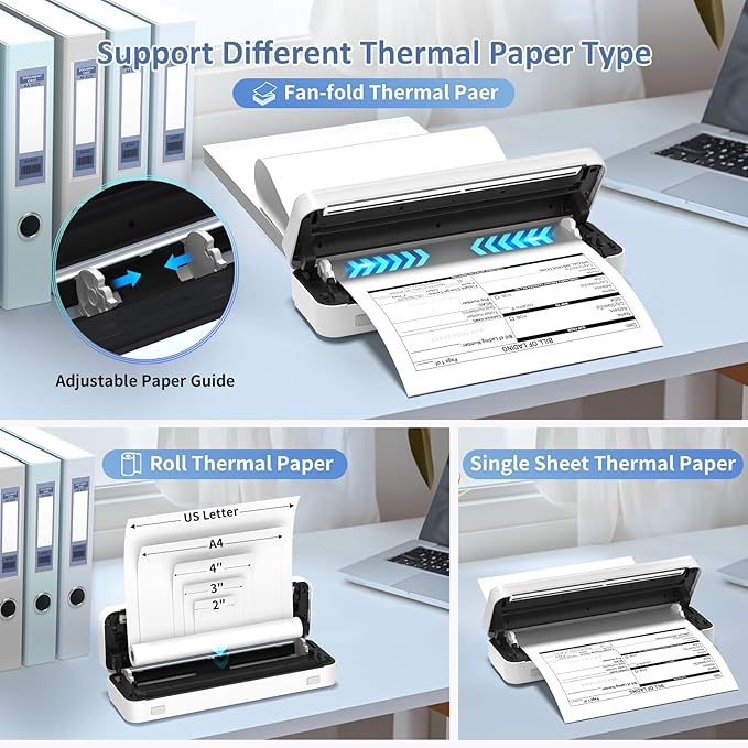 Inkless Portable Printer for Travel, Wireless Thermal Printer Supports 8.5 x 11 Inch US Letter Size, Bluetooth Machine Includes Carry Case and 3 Rolls of Thermal Paper Kit, White-DeskLoop Office