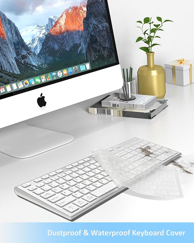 FENIFOX Wireless Keyboard, Bluetooth + USB Ergonomic Silent Quiet Rechargeable with Number Pad Compact Full Size Multi Device Keyboards for iPad Tablet Mac Computer Surface PC MacBook Laptop Silver-DeskLoop Office