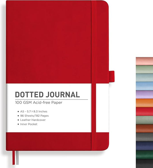 RETTACY Bullet Dotted Journal Notebook, 192 Pages, A5 Medium Size (5.7'' x 8.3''), Leather Hardcover, 100 GSM Thick Paper, for Bullet Journaling, Planning, Tracking (Red)-DeskLoop Office