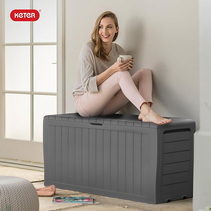 Keter Marvel Plus 71 Gallon Resin Deck Box-Organization and Storage for Patio Furniture Outdoor Cushions, Throw Pillows, Garden Tools and Pool Floats, Light Grey-DeskLoop Office