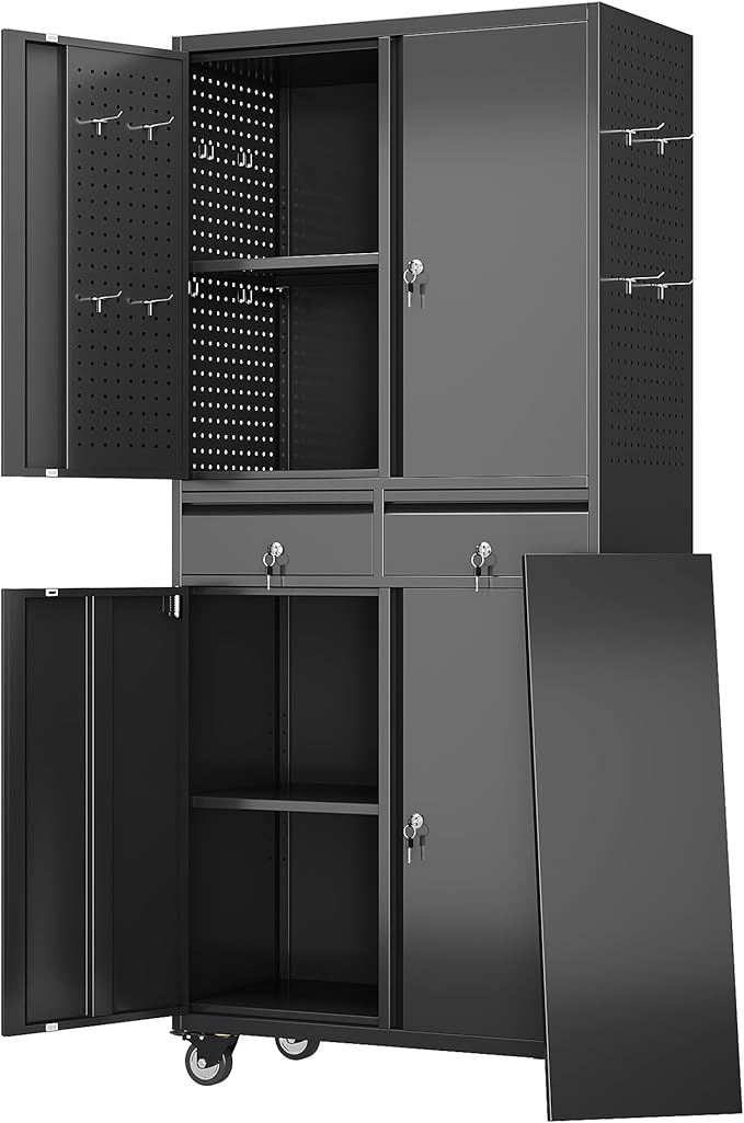 Garage Storage Cabinet with Wheels, Metal Storage Cabinet with 2 Drawers and 2 Adjustable Shelves, Metal Lockers with Pegboards for Homes, Offices, Kitchens, Schools and Pantries-DeskLoop Office