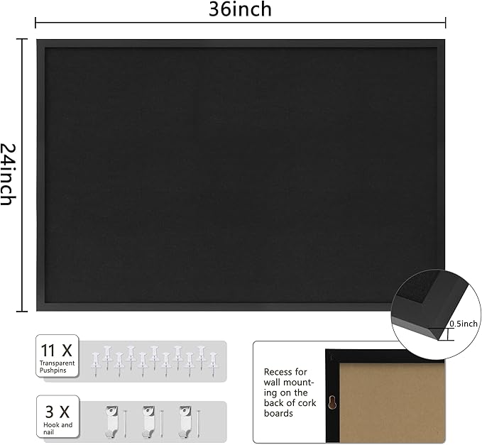 DAHAPYBOO Cork Board with Linen Black, Bulletin Board 36"x24" | Corkboards - Image 2