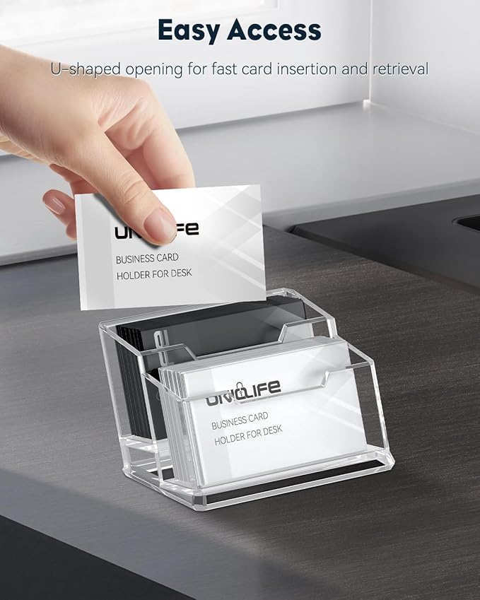 Uniclife Acrylic Business Card Holder for Desk 2 Slots Clear Business Card Display Stand for Men & Women Desktop Business Card Organizer Card Stand for Office Home Exhibition, 120 Card Capacity-DeskLoop Office
