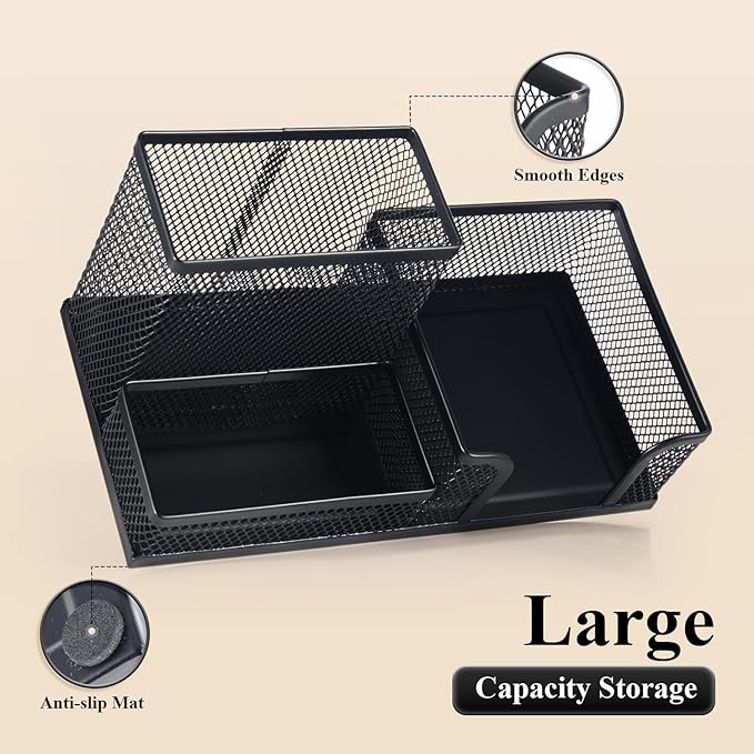M&G Mesh Pen Holder Desk Organizers Pencil Holder for Desk Black, 3 Compartments Metal Office Supply Organizer with Sticky Notes Holder for School Home Office-DeskLoop Office