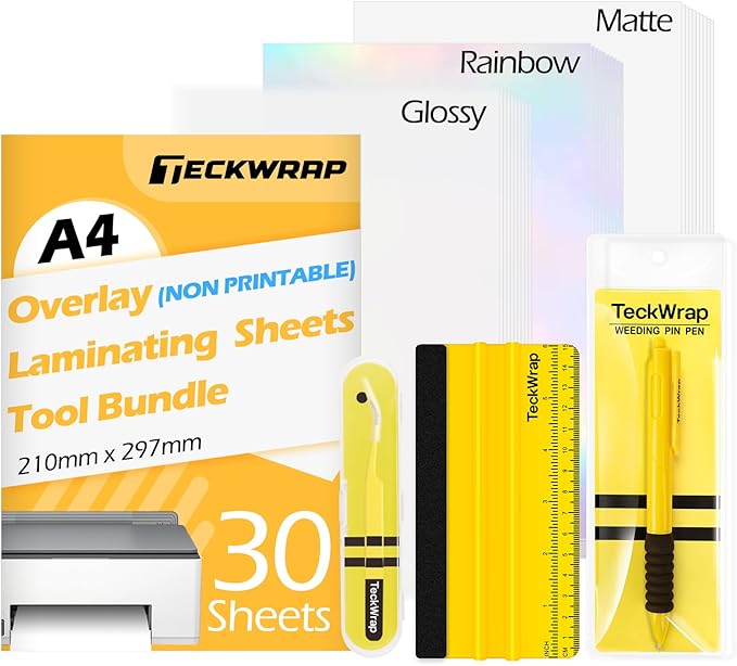 TECKWRAP Laminating Sheets Sticker Paper Laminate Sheets for Photo Paper Inkjet Printable Vinyl Squeegee Tools A4 30PCS Clear Overlay Transfer Paper, Matte Lamination Sheets, Holographic Stickers-DeskLoop Office
