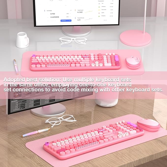 Wireless Keyboard and Mouse,MOFII 104 Round Keys Lovely Full-Size Cute Colorful Keyboard and Mouse with Retro Typewriter for PC/Mac/Laptop/Tablet/Computer/Windows Pink-DeskLoop Office