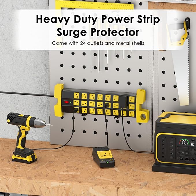 HHSOET Heavy Duty Power Strip with Surge Protection, Industrial Commercial Metal 24 Outlets Wall Mount for Garage Shop, 15 Amp, Switch, 6FT Extension Cord, Black.-DeskLoop Office