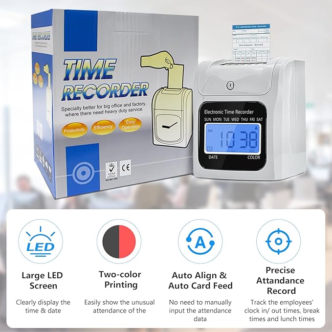 Employee Time Clocks for Small Business, Auto-Align Time Clock Punch Machine with 50-Piece Time Cards, Two Security Keys, and One Ink Ribbon Cartridge-DeskLoop Office