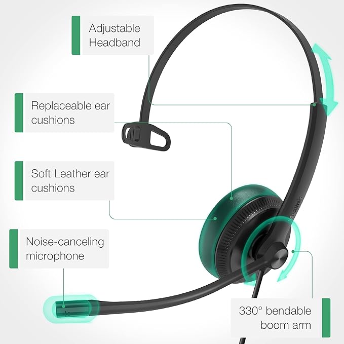 Yealink UH34 Wired Headset with Mic, 3.5mm Mono Headphones Noise Canceling Microphones,Teams Certified Work Office Headset for Computer PC Mac Laptop Tablet Smartphone