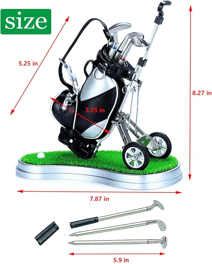 Golf Pen Holder with 3 Club Pens and Movable Golf Cart, Mini Golf Bag Desk Decor for Office, Funny Golf Gifts for Men, Dad, Boss - Stocking Stuffers for Golfers on Birthday, Christmas, Fathers Day-DeskLoop Office