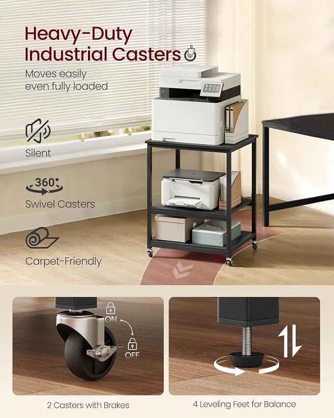 VASAGLE Printer Stand with Locking Wheels, Industrial Mobile Cart, Under Desk - Image 5