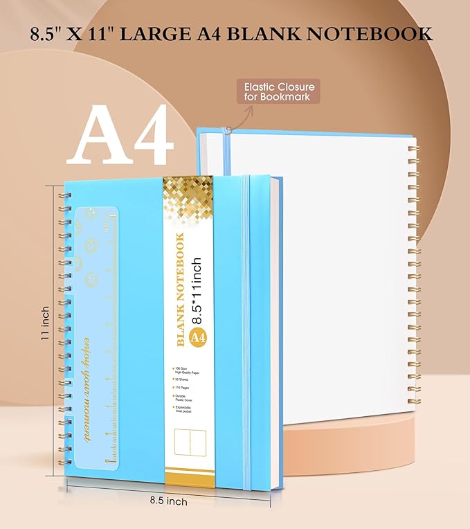 Blank Spiral Notebook Journal 8.5” x 11”, A4 Large Sketch Book for Women Men, 100 GSM Blank Paper Drawing Notebook, Plastic Hardcover Spiral Bound Sketchbook for Sketching Work School Writing, Blue-DeskLoop Office