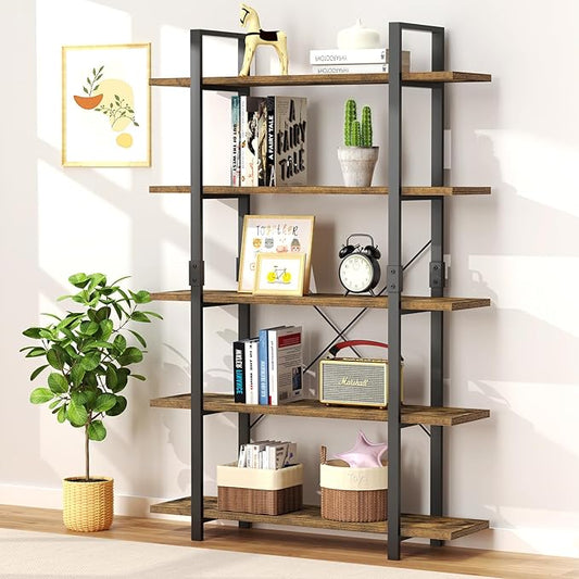 FRAPOW 5 Tier Bookshelf, 70 inch Tall Solid Bookcase Industrial Wooden Bookshelves Large Wall Etagere Rustic Vintage Book Shelf with Metal Frame Open Storage Rack for Living Room Home Office-DeskLoop Office