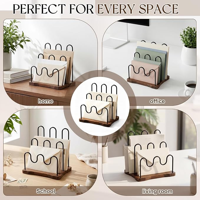 SiliFine Desktop Metal Mail Organizer, Wood Base Desktop 3-slot Letter Holder - Image 6