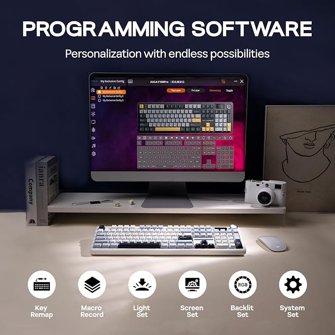EPOMAKER X Aula F108 PRO Wireless Gaming Keyboard with Screen, 8000mAh Battery, 104 Hot-Swappable and Programmable Keys and Knob, RGB Backlight, for Mac/PC/Android (Blue&White)-DeskLoop Office