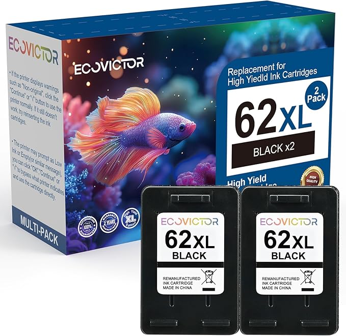 EcoVictor Remanufactured 62XL Ink Cartridges (2 Black) Compatible for HP Ink 62 62XL HP62 for Envy 5540 5542 5545 5640 5642 5660 5665 7640 7645 OfficeJet 5740 5742 5745 8000 8040 200 250 Printer 62 XL-DeskLoop Office