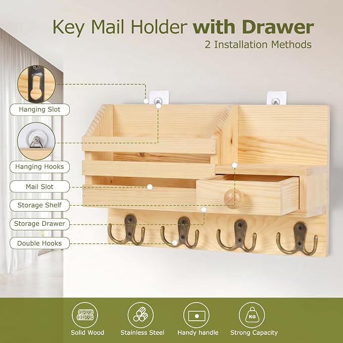Key Holder Wall Mount, Wooden Adhesive Mail and Key Organizer - Image 3