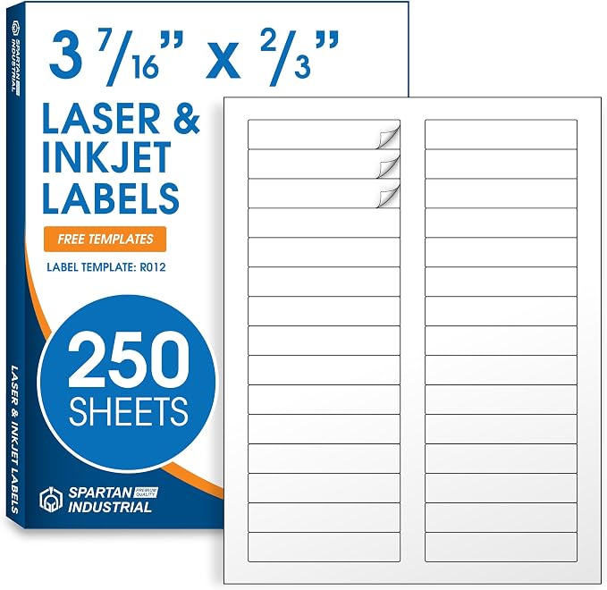 3 7/16" X 2/3" Matte White Printable Labels File Folder, Mailing Labels by SpartanIndustrial