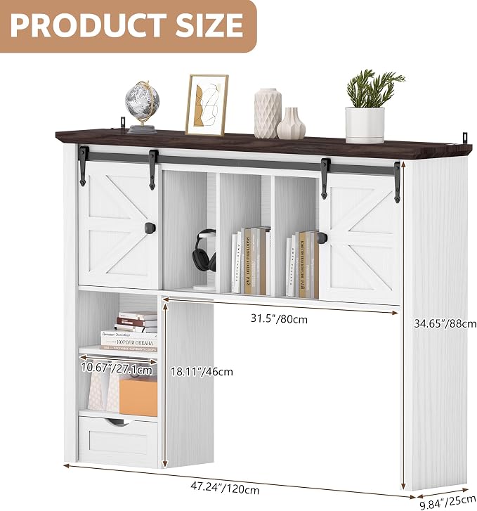 Large Desktop Bookshelf with Sliding Barn Door, 47.2''W Desk Shelf Display Rack - Image 2