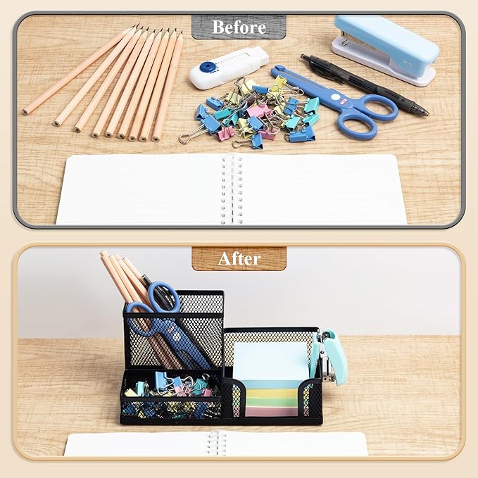M&G Mesh Pen Holder Desk Organizers Pencil Holder for Desk Black, 3 Compartments Metal Office Supply Organizer with Sticky Notes Holder for School Home Office-DeskLoop Office