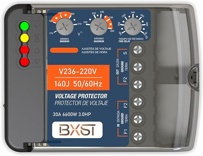 BXST Wiring Surge Protector with Adjustable Over/Under Voltage Protection Power Suppressor Protector, 220V, 30A, Up to 6600W Heavy Duty Power Surge Protection for Refrigerators, Air Conditioning, TV-DeskLoop Office