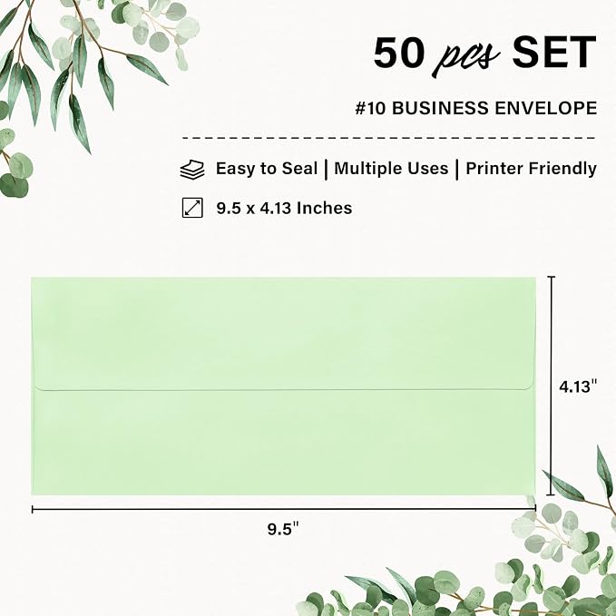 50 Pack #10 Business Envelopes, Self Seal Standard Light Green Envelopes - Image 2