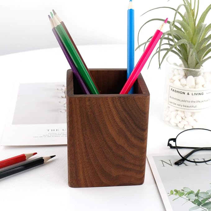 Walnut Pencil Holder Wood Pen Holder For Desk Pen Cup Organizer Ofiice Pencil Stand Simple(Black walnut)-DeskLoop Office