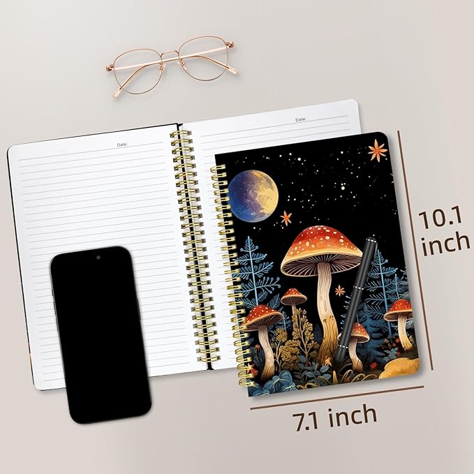Cute Spiral Notebook journal B5 Aesthetic Pretty Design for Women Girls Kawaii with Pocket, 10 x 7.2 inch, Lined, Moon Mushroom-DeskLoop Office