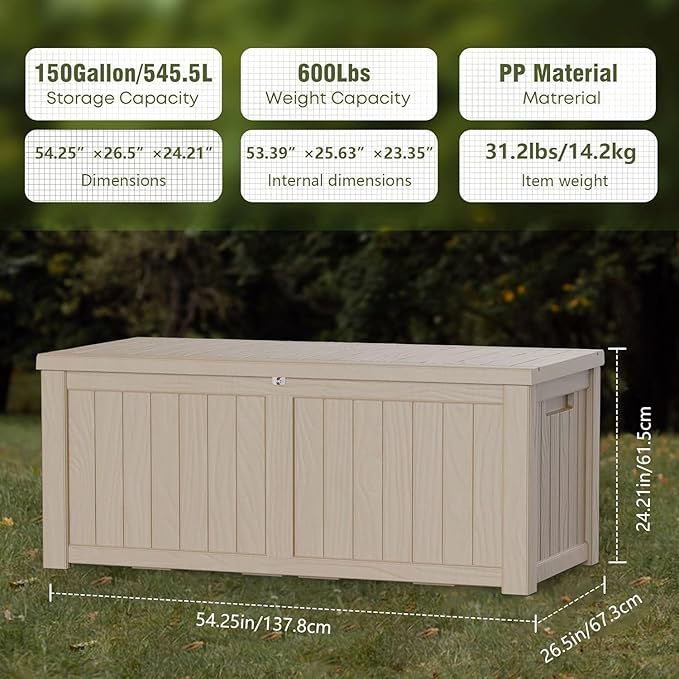150 Gallon Outdoor Storage Box Waterproof Lockable Resin Deck Box Large, Patio Storage Bin for Pool Accessories Cushion Furniture, Garden Tools, UV-Resistant Outside Delivery Grey-DeskLoop Office