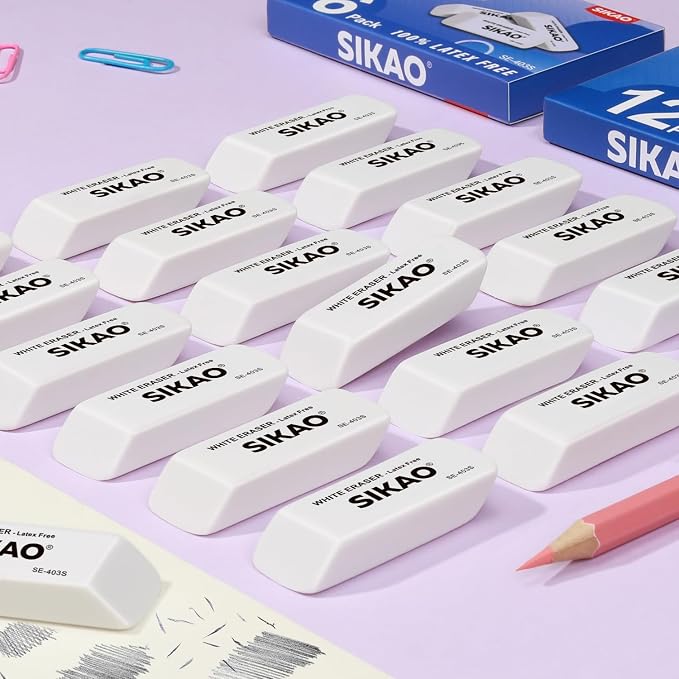 White Erasers, 12 Pack Pencil Erasers | Latex-Free & Smudge-Free Beveled Rubber - Image 5