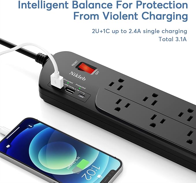 Extension Cord with Multiple Outlets, Surge Protector Power Strip with USB, 6ft Power Cord, 10 Wide Outlets, 2 USB+1 USB C Fast Charging Ports, Wall Mount, Heavy Duty, Home, Office Accessories-DeskLoop Office
