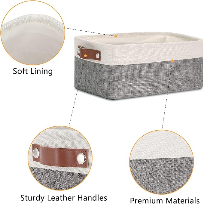DULLEMELO Small Storage Baskets 6 Pack, Fabric Collapsible Gift Storage Baskets for Shelves, Closets, Nursery, Home, Office Organizing,Small Canvas Linen Rectangular Storage Bins (6-Pack, White&Grey)-DeskLoop Office