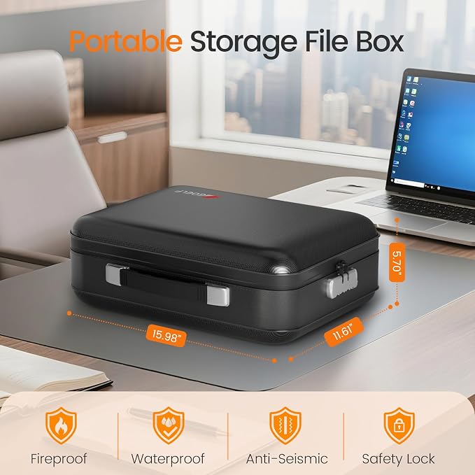 Fireproof Document Box with Lock, 5200°F Fireproof Water Resistant Hard Case - Image 2