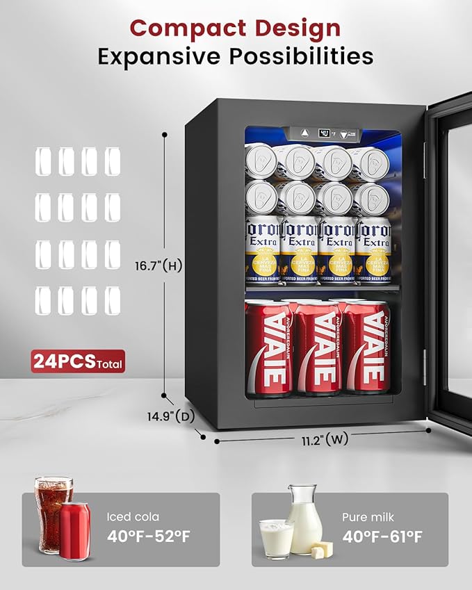 24 Cans Beverage Refrigerator Cooler - Mini Fridge with Glass Door, Soda Wine Beer Drink Fridge - Small Refrigerator for Office Home Bedroom Dorm Bar, Black-DeskLoop Office