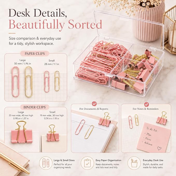 Pink and Gold Paper Clips Binder Clips Set - Image 5